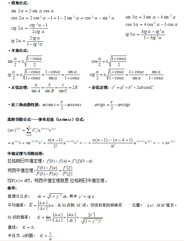 2020年江蘇成人高考高等數(shù)學(xué)（一）必背重要公式